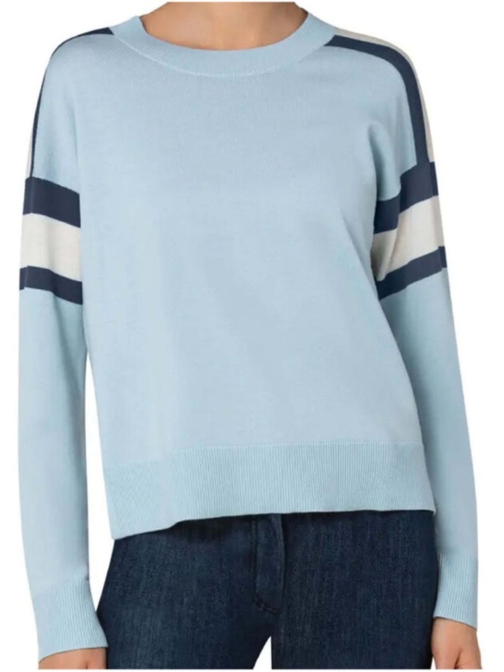 Akris Punto Bleached Denim Color Merino Wool Stripe Sleeve Sweater US10